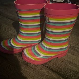 Hatley Girls Rain Boots worn Once Pink ,purple white stripes size 10
